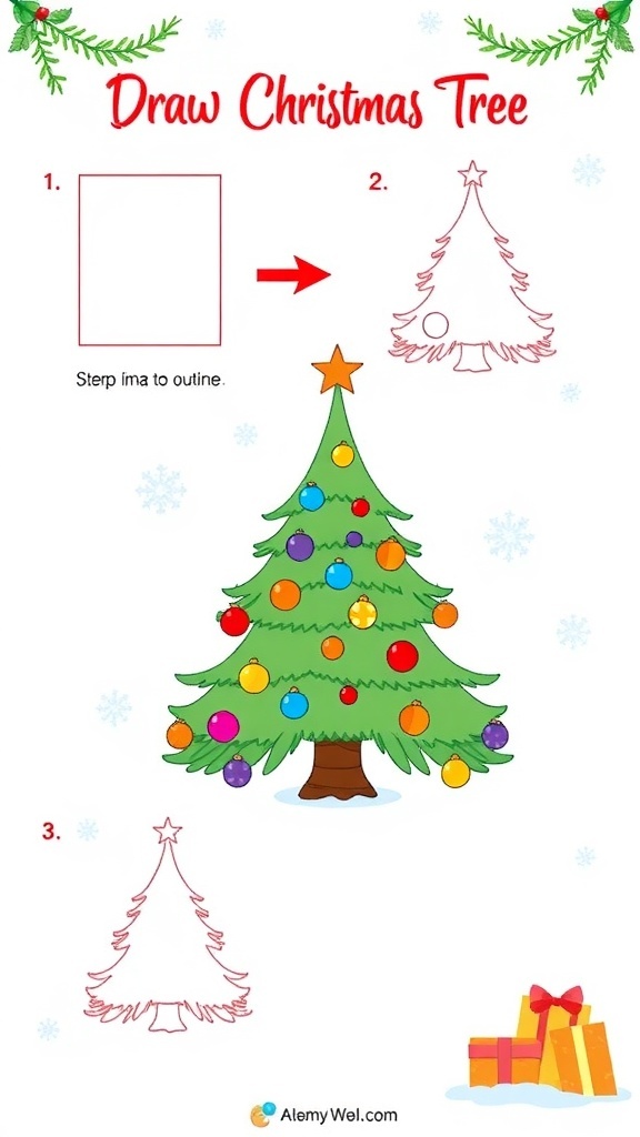 Step-by-step illustration of drawing a Christmas tree with ornaments and a star.